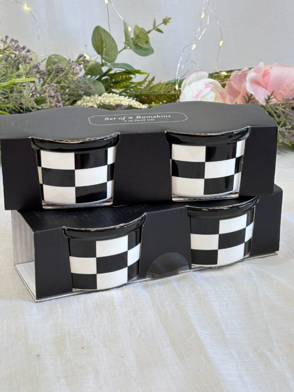 Black and White Checkered Ceramic Ramekins 7 oz Checkerboard Bowls Set of 4 New